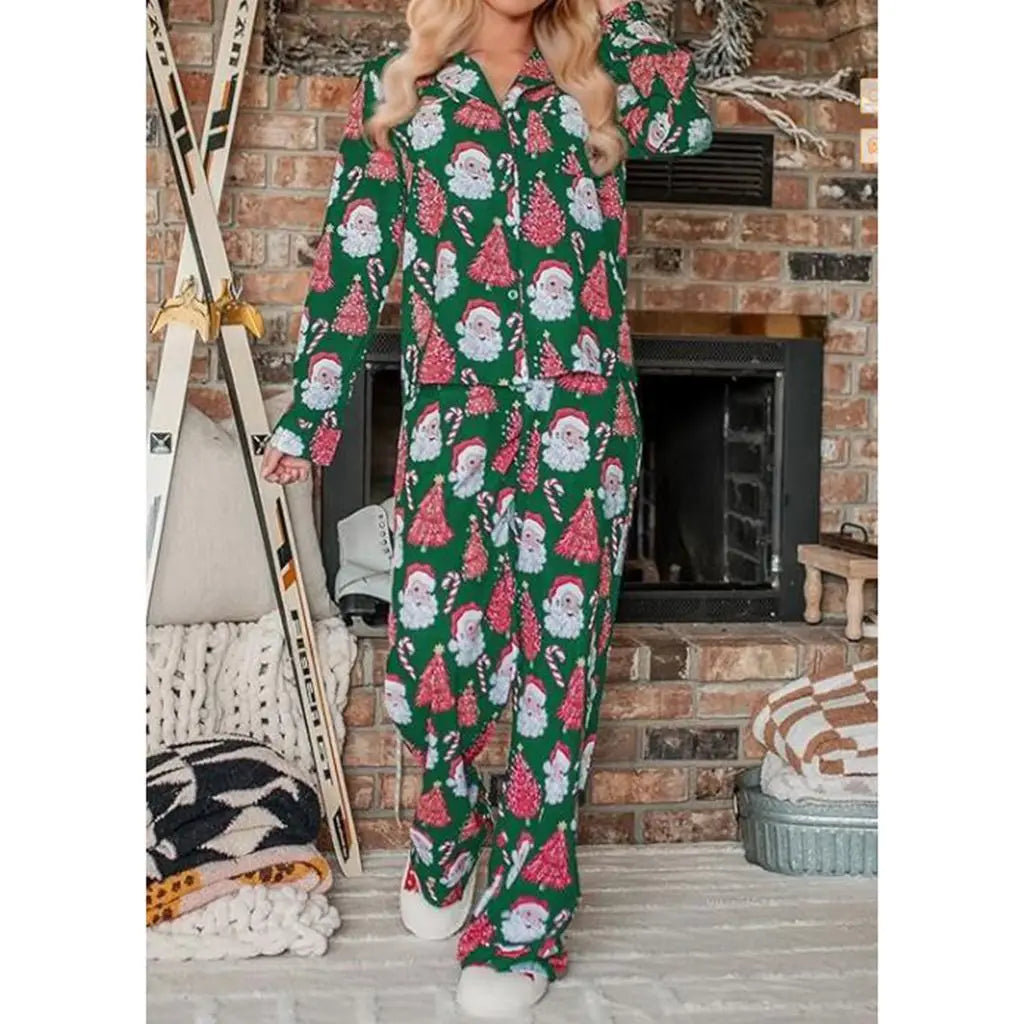 Womens Christmas 2Piece Pajamas Loungewear Set Santa/Tree/House Print Long Sleeve Tops+Elastic Pants Homewear Outfits