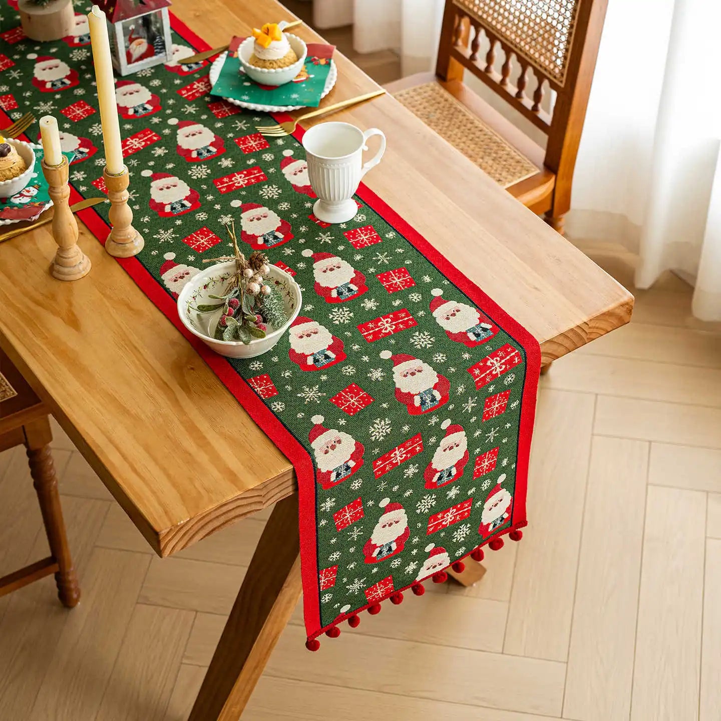 Retro Christmas Cotton and Linen Jacquard Table Runner Santa Claus Jacquard Long Table Runners Tv Cabinet Tablecloth Party Decor