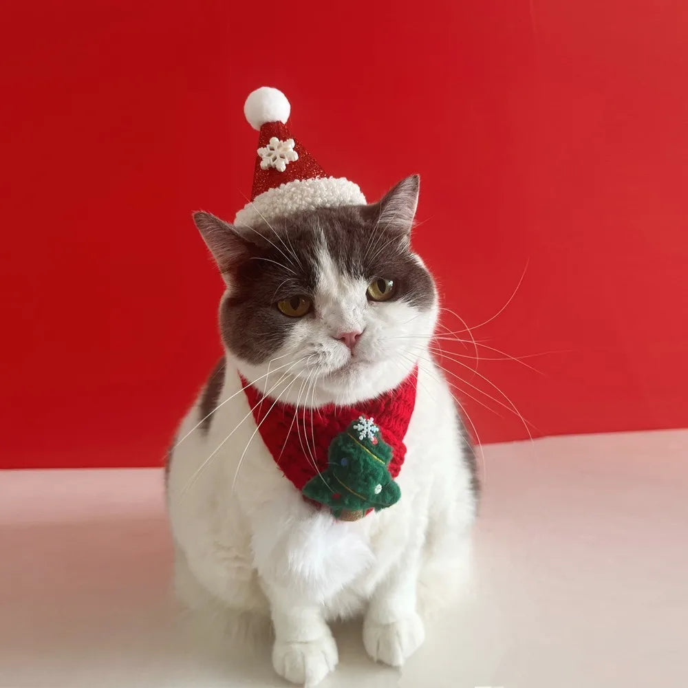 Christmas Cat Hat Cat Knitted Scarf Set Soft Winter Christmas Soft Santa Claus Costume Scarf For Dog Cats Pet Xmas Cat Supplies