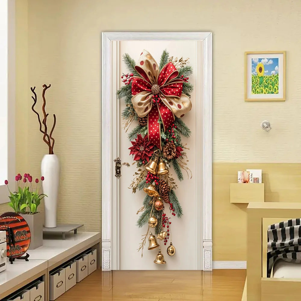 Christmas Wall Hanging Decoration – Red Bells & Green Leaves Holiday Decor