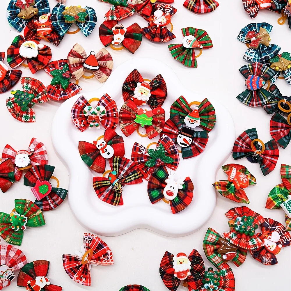 Christmas Pet Hair Bows, 5Pcs Random Style Dog Hair Clips with Santa Snowman Prints, Festive Pet Grooming ，Small Dog and cat