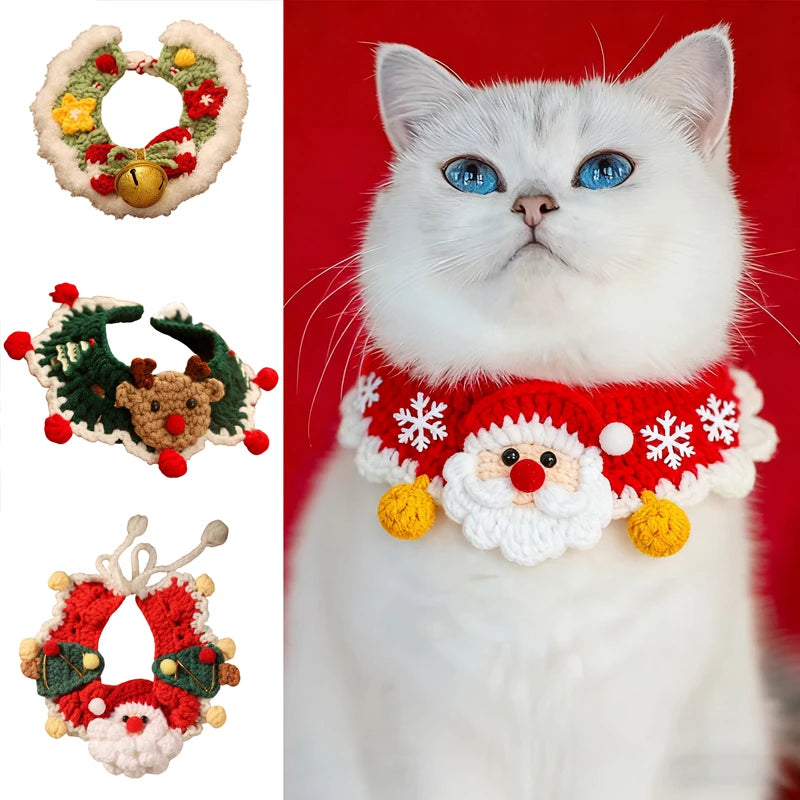 Pet Clothing Costume Christmas Cat Collar Hand-Knitted Pet Scarf Cute Xmas Kitty Santa Costume Clothing Christmas Party Supplies