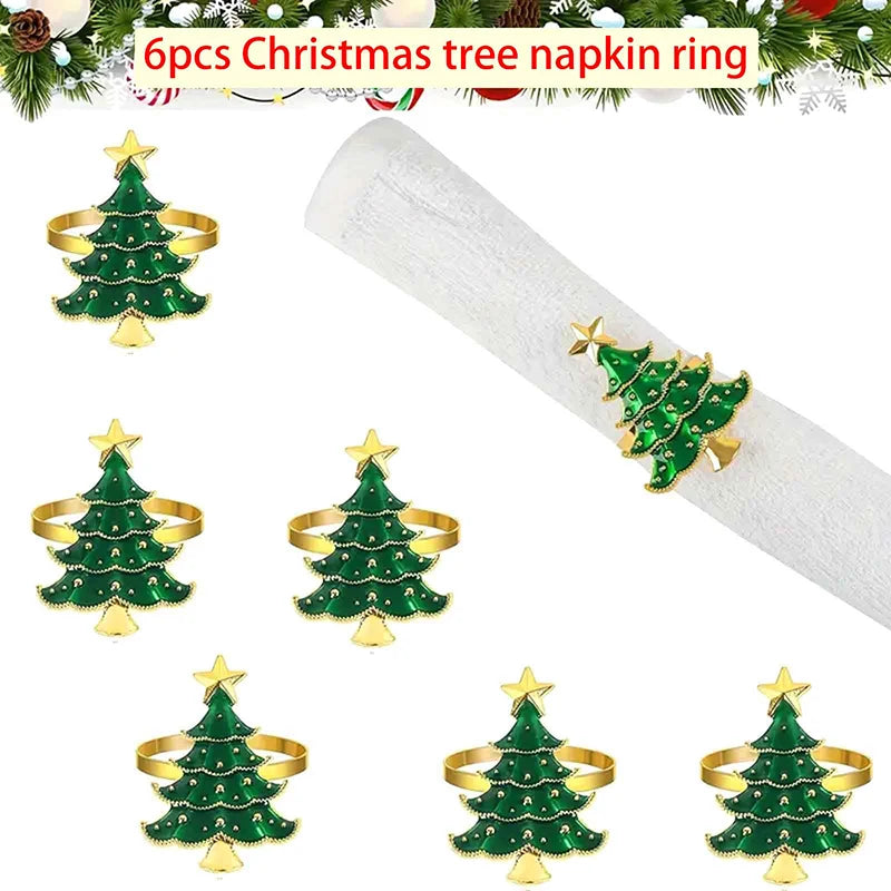 6 Pcs Christmas Home Kitchen Dinner Table Decoration New Year Party Supplies Christmas Napkin Rings Xmas Tree Ornaments