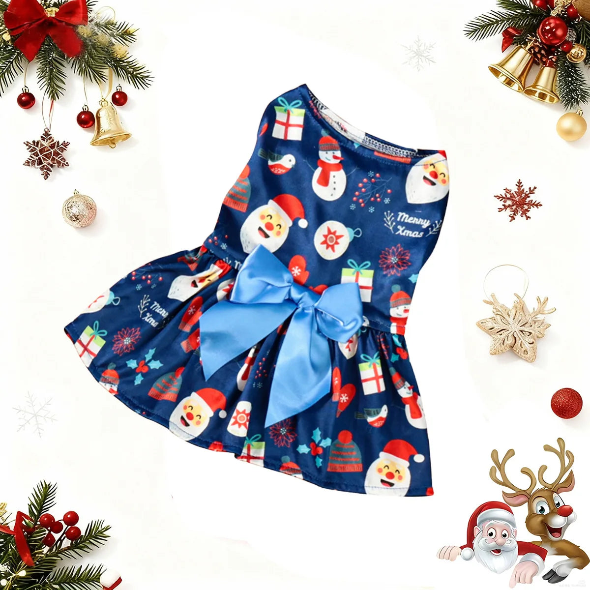 Christmas Pet Clothes Round Neck Sleeveless Printed Dress Santa Claus Snowflake for Small Medium Large Dogs New Year Present
