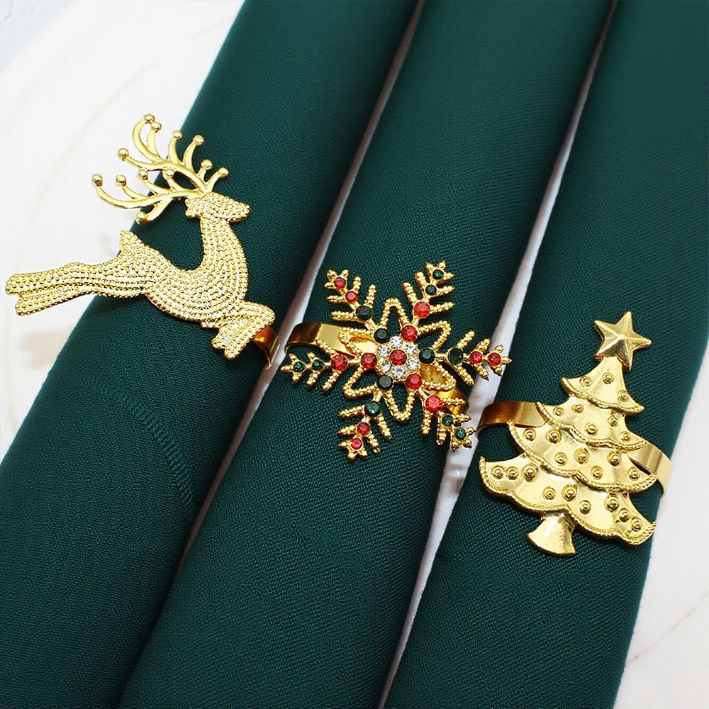 6Pcs Christmas Napkin Rings Gold Metal Snowflake Deer Serviette Buckle Xmas Tree Napkin Holder for Home Christmas Table Decor