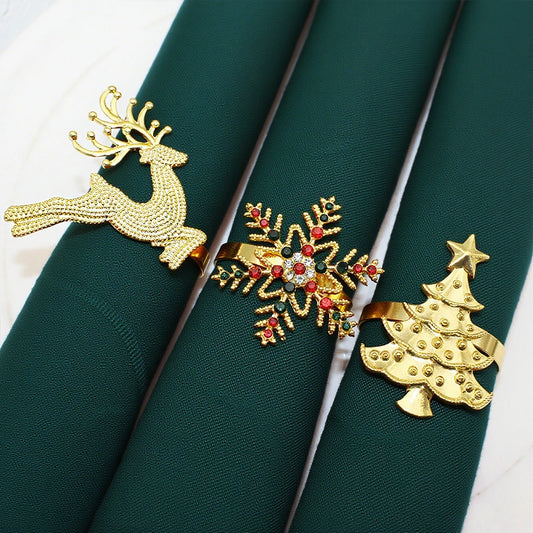 6Pcs Christmas Napkin Rings Gold Metal Snowflake Deer Serviette Buckle Xmas Tree Napkin Holder for Home Christmas Table Decor
