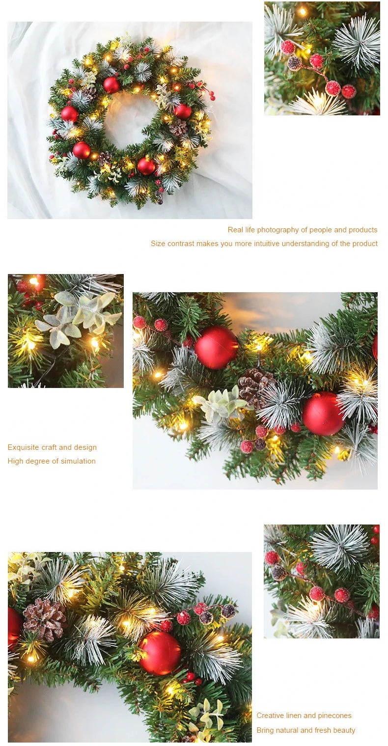 20-60cm Christmas Wreath with LED Fairy Light Door Hanging Garland Pine for Home Decorations Xmas Party Supplies Happy New Year