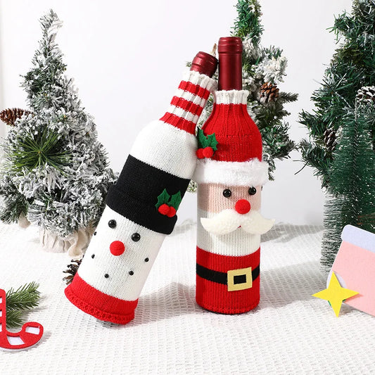 Knitted Christmas Wine Bottle Covers Santa Snowman Design Acrylic Champagne Holder for Holiday Party Table Decorations Gift