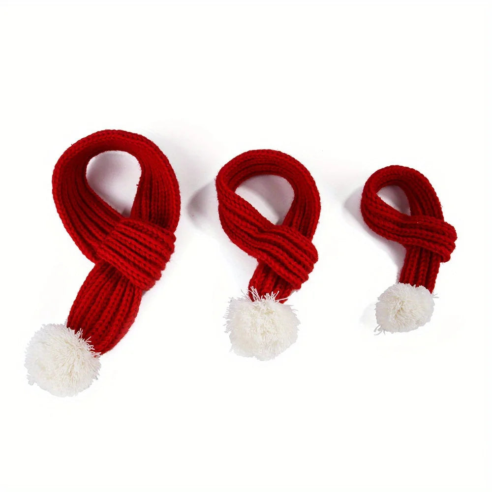 1Pcs Dog Knitted Scarf Red Knit Scarves With Pompom Neck Warmer Bandana Christmas Festival Party Pet Puppy Cat Decor Accessories