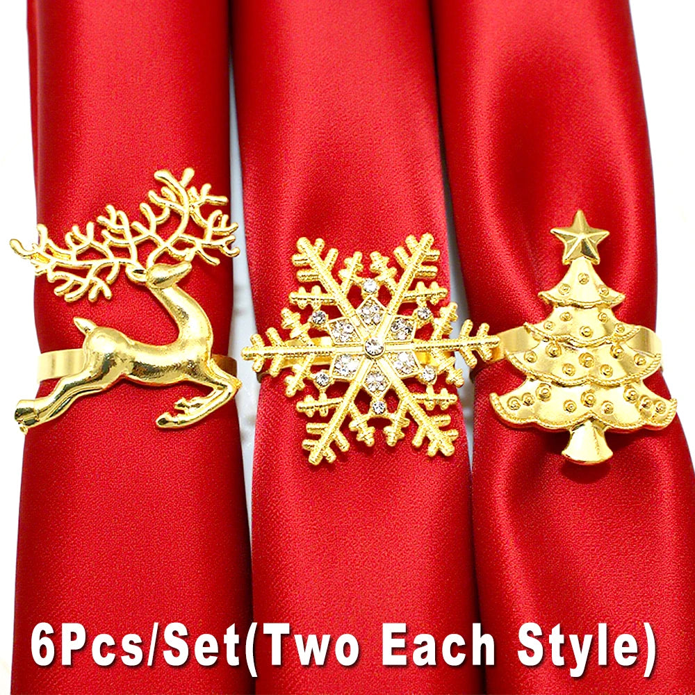 6Pcs Christmas Napkin Rings Gold Metal Snowflake Deer Serviette Buckle Xmas Tree Napkin Holder for Home Christmas Table Decor