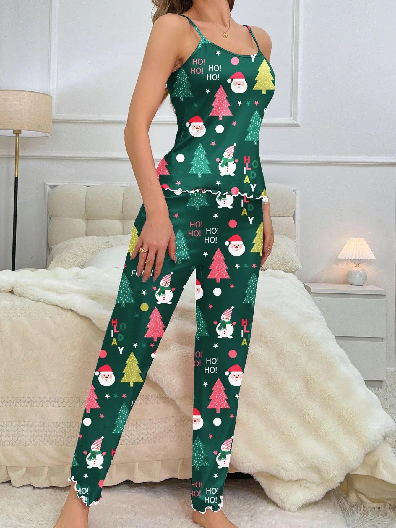 Women Christmas Pajamas Set Sleepwear Nightwear 2 Piece Santa Claus Snow Man Printed Crop Tops and Pants Sets Homewear