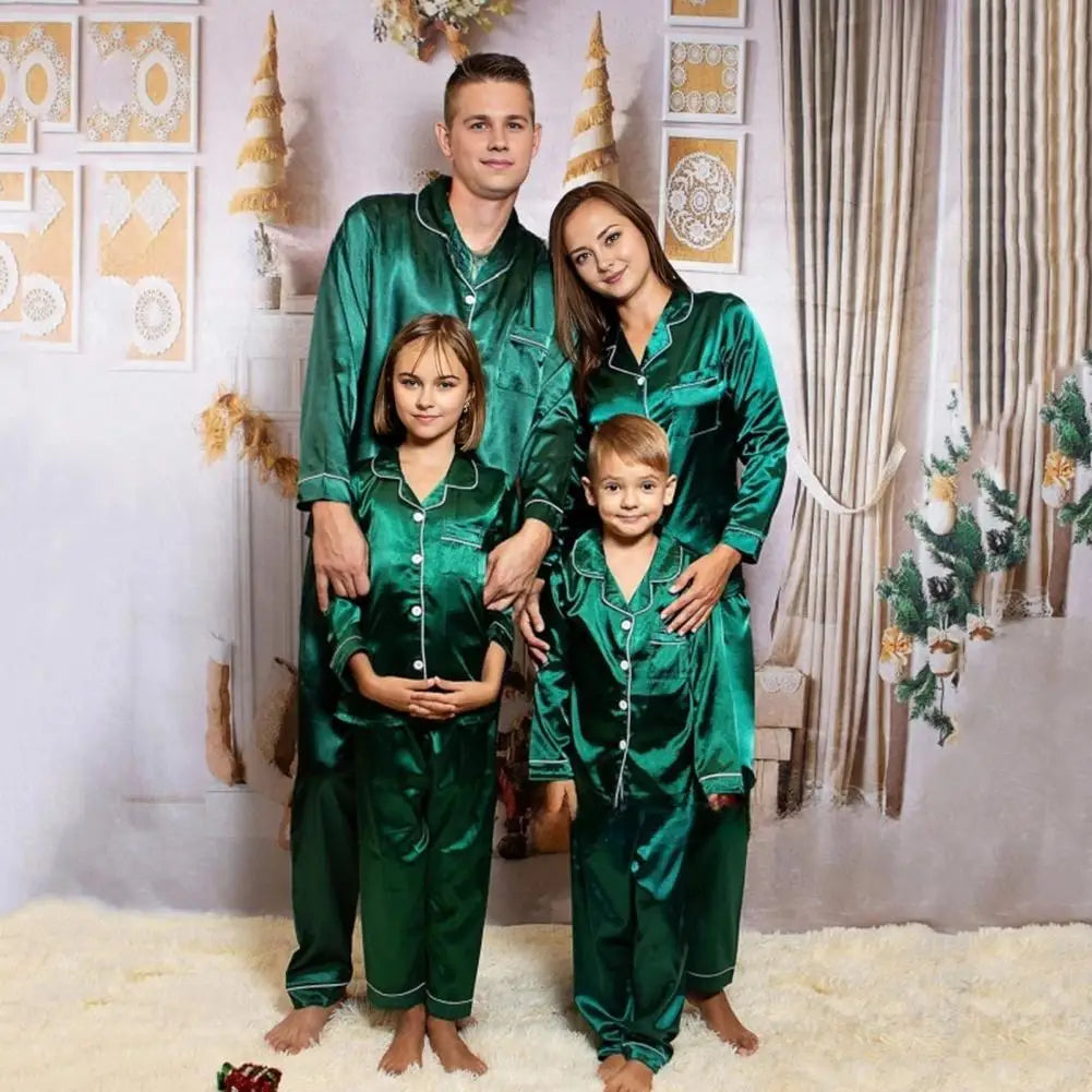 2 Pcs Christmas Pajamas Family Adults Kids Family Matching Outfits Look Solid Color Imitation Satin Silk Tops Pants Sleepwear
