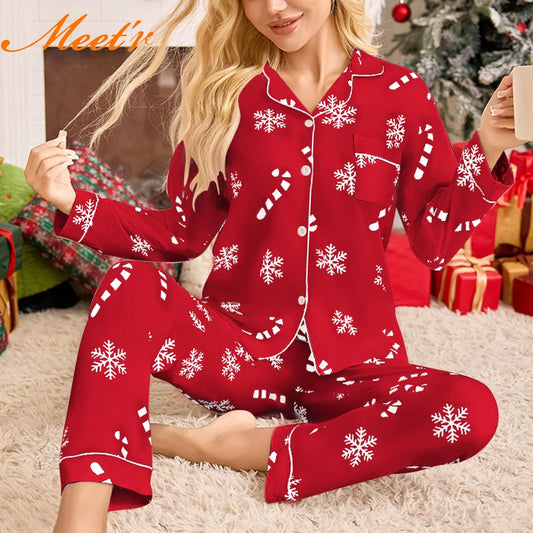 Meet'r New Year Christmas Long Sleeved Long Pants Home Clothes Underwear Snowflake print Pajamas Ladies' Comfortable Pajamas