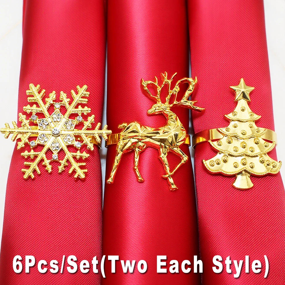 6Pcs Christmas Napkin Rings Gold Metal Snowflake Deer Serviette Buckle Xmas Tree Napkin Holder for Home Christmas Table Decor