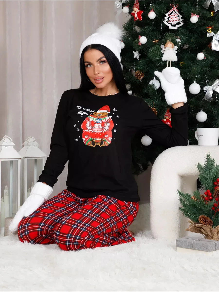 Women’s Christmas Pajama Set – Long Sleeve Top & Plaid Pants