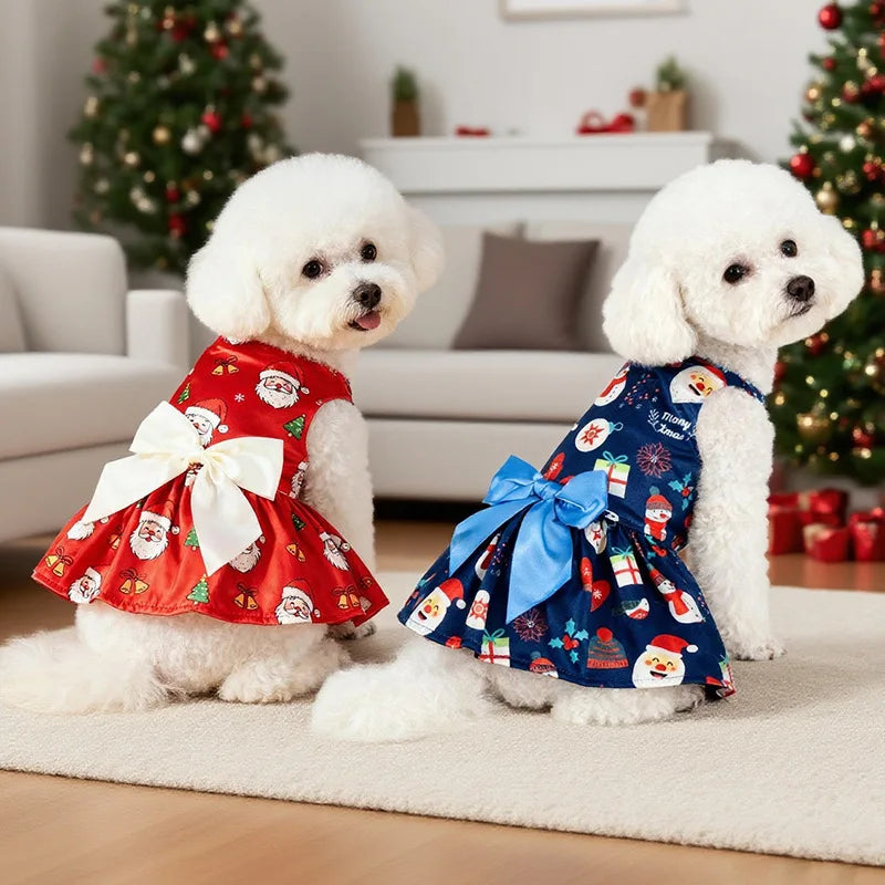 Christmas Dog Dress with Bow, Festive Printed Pet Skirt, Lightweight Holiday Outfit, Sizes M–6XL for Small to Large Dogs