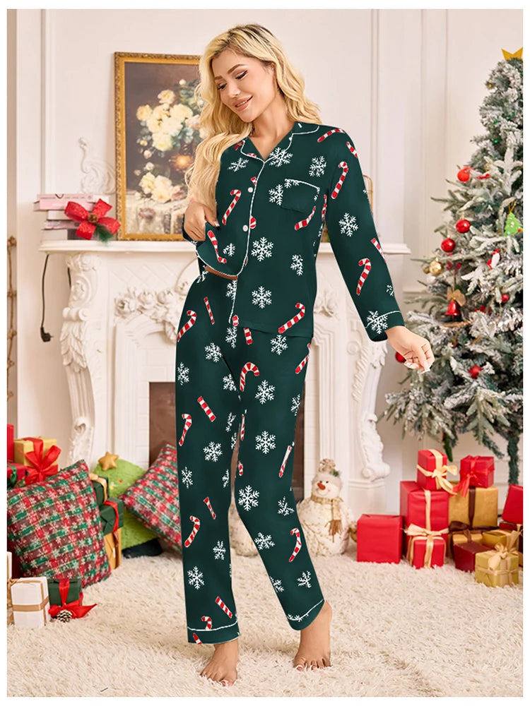 Meet'r New Year Christmas Long Sleeved Long Pants Home Clothes Underwear Snowflake print Pajamas Ladies' Comfortable Pajamas