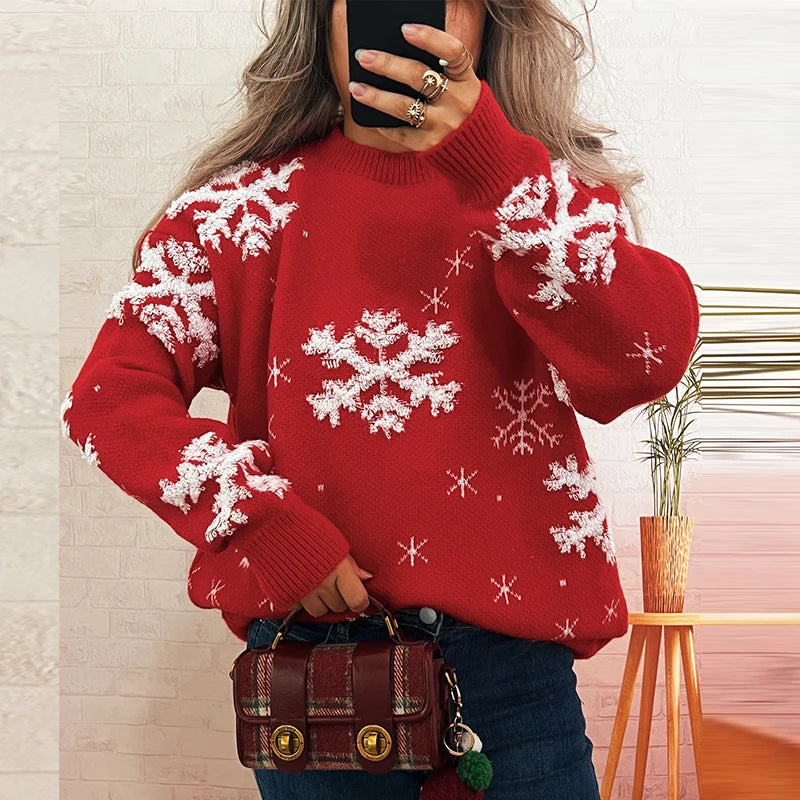 Christmas Sweater For Women Casual O Neck Long Sleeve Snowflake Printed Knitted Printed Sweater Women Pullover