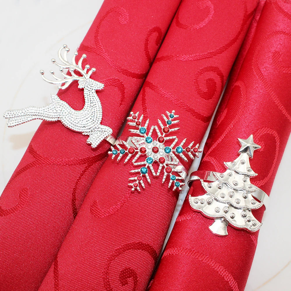 6Pcs Christmas Napkin Rings Gold Metal Snowflake Deer Serviette Buckle Xmas Tree Napkin Holder for Home Christmas Table Decor