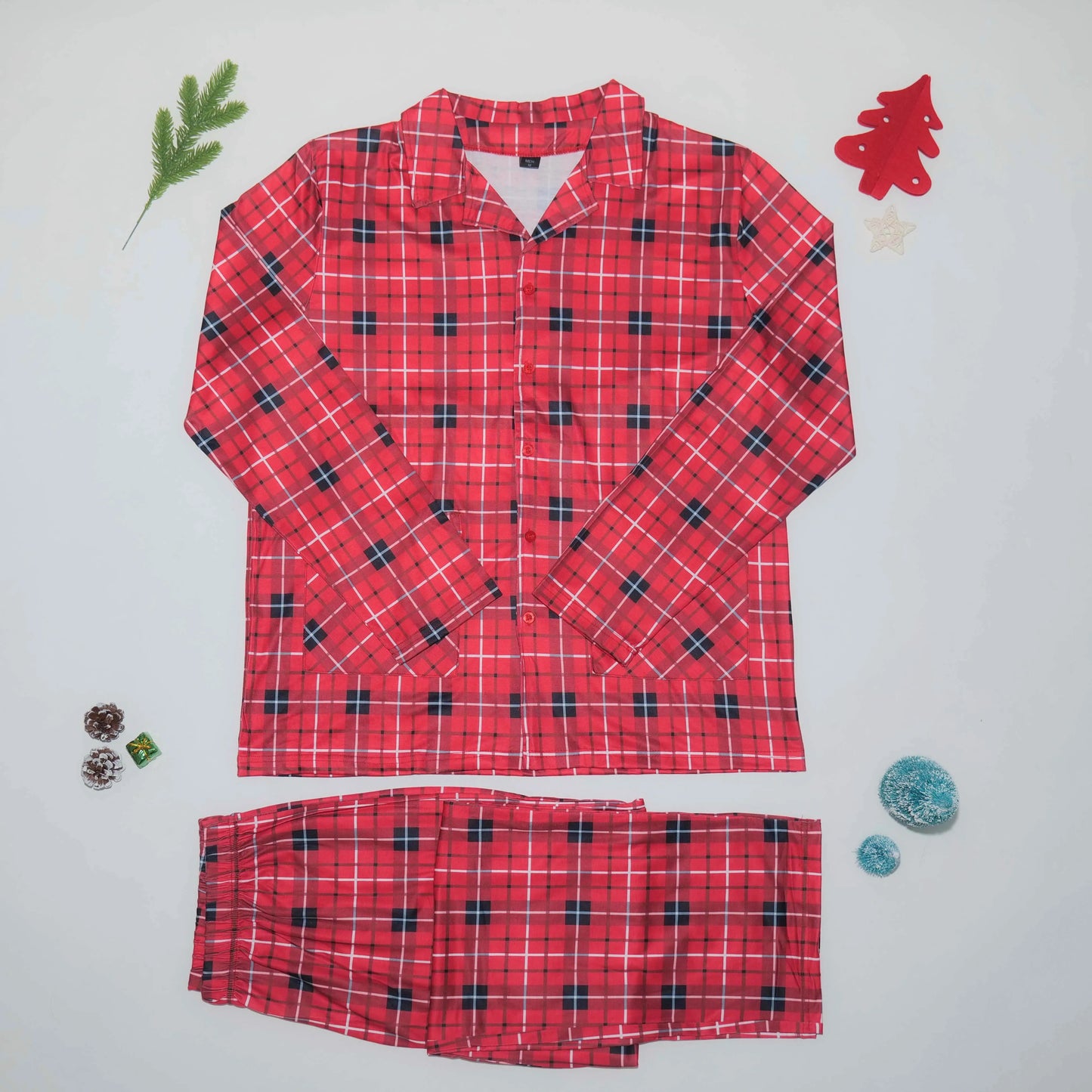 Christmas Pajama Set: Red checkered printed shirt + long pants 2-piece set, baby and dog jumpsuit for Christmas