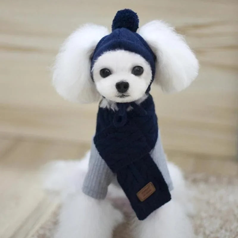 Hat for Dogs Winter Warm Stripes Knitted Hat+Scarf Collar Puppy Teddy Costume Christmas Clothes Santa Dog Costume