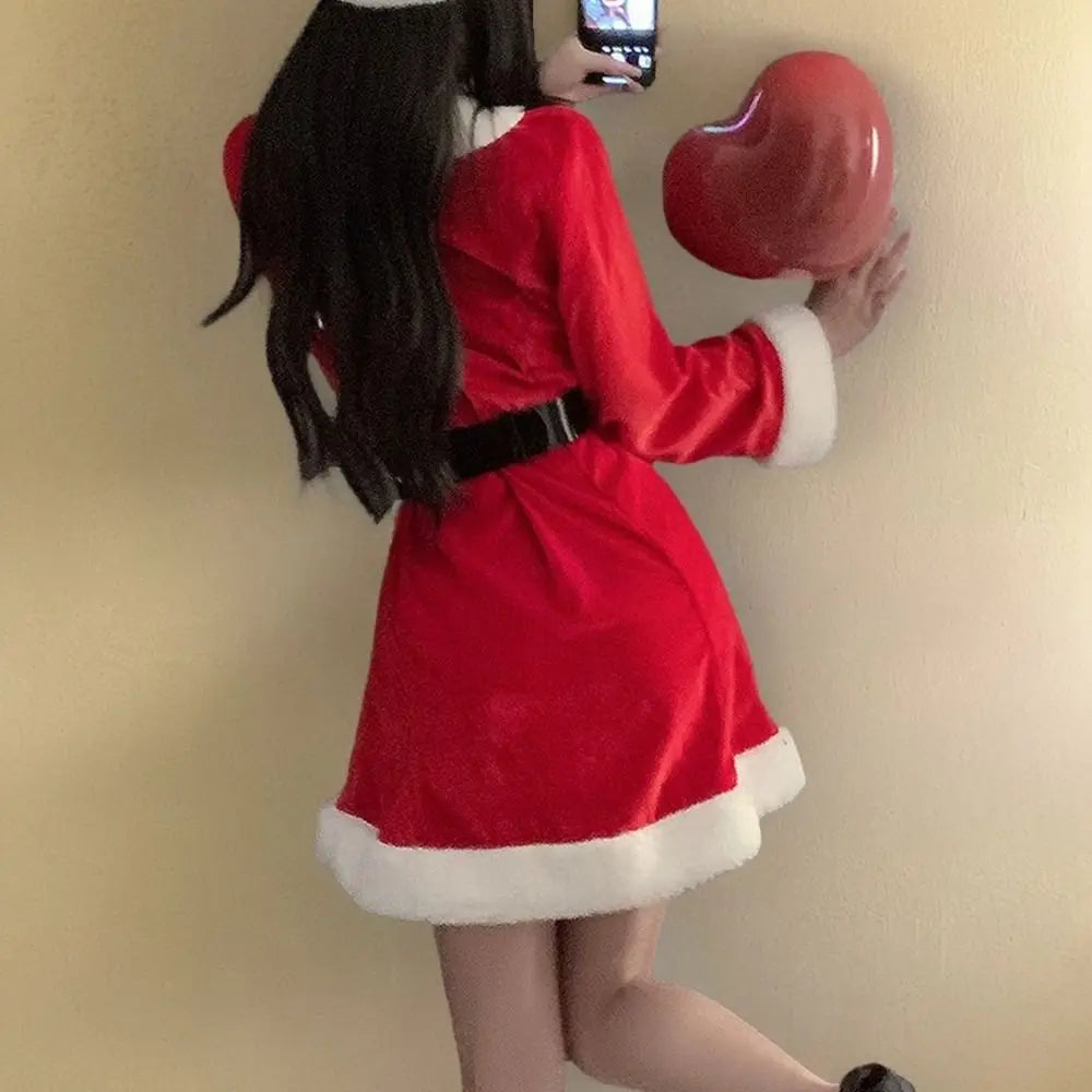 Comfortable Christmas Dress Women Pajamas New Year Red Dress Suit Sweet High Waist Long Sleeve Nightwear Girl