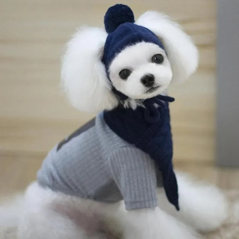 Hat for Dogs Winter Warm Stripes Knitted Hat+Scarf Collar Puppy Teddy Costume Christmas Clothes Santa Dog Costume