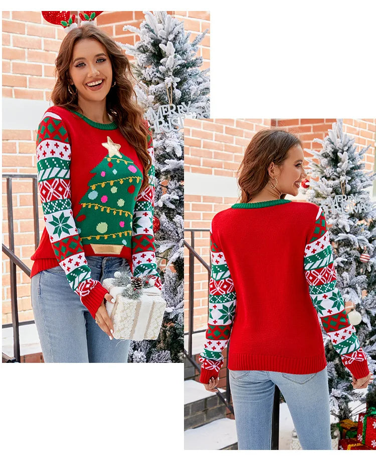 2025 Christmas Sweater Women Men, Xmas Tree Embroidery Knit Sweater, Casual Holiday Party Pullover, Funny Xmas Gift