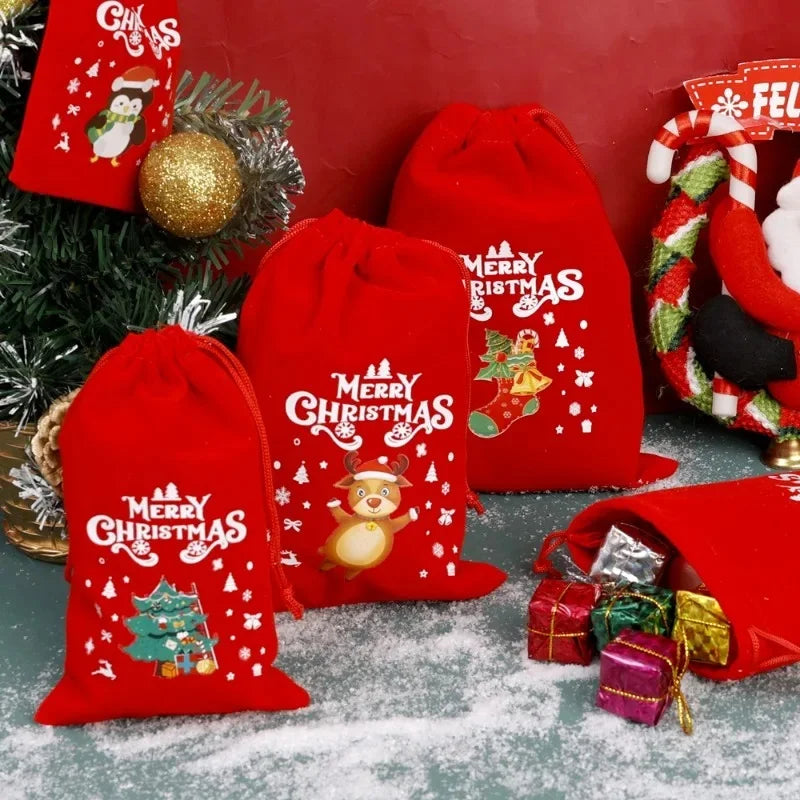 1/6/30pcs Christmas Velvet Drawstring Candy Gift Bag Small Wrapping Bag for Present Party Biscuit Jewelry Pouch New Year Storage