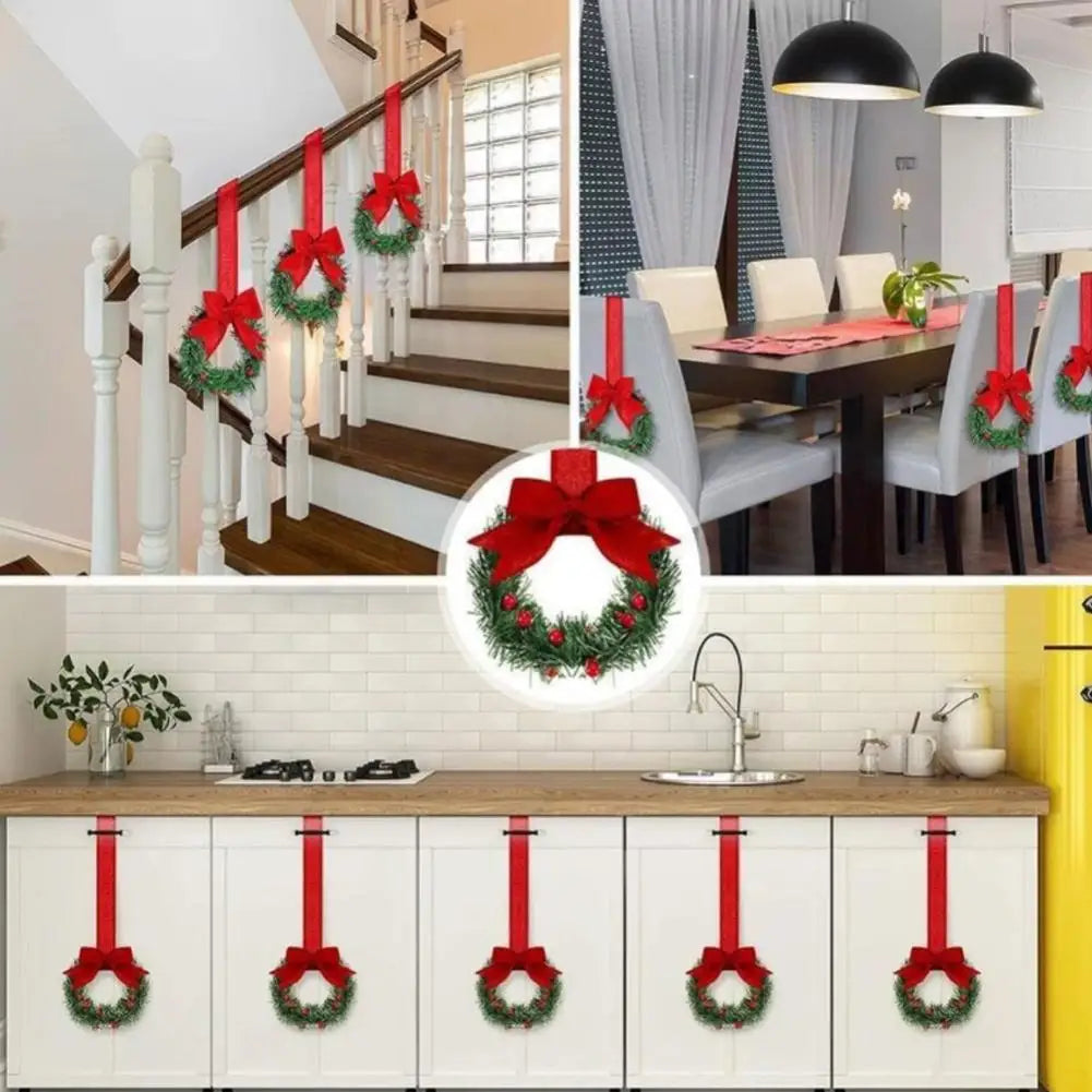 6Pcs Christmas Kitchen Wreath Decoration with Ribbon Bow Christmas Cupboard Wreath Decoration Christmas Home Party Decoration