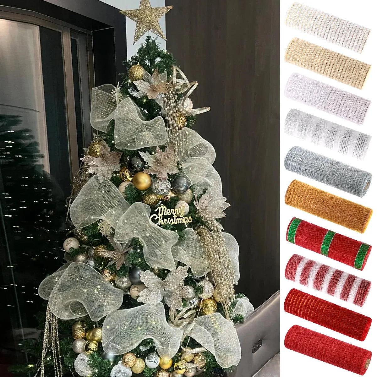 1Roll Christmas Mesh Ribbon DIY Wreath Bow Ribbon Christmas Tree Decorations For Home 2025 Xmas Gifts Navidad Noel New Year 2026