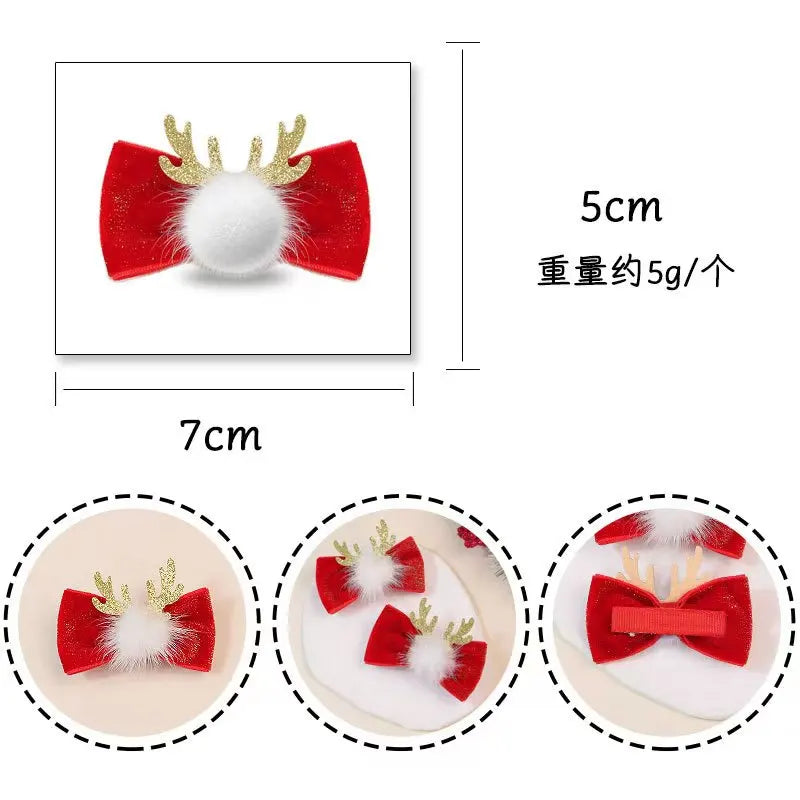 2/6PCS Cute Winter Dog Bows with Metal Clip Antlers Red Velvet Bow Dog Hairpins Handmade Cat Puppy Bow for Christmas Accesso