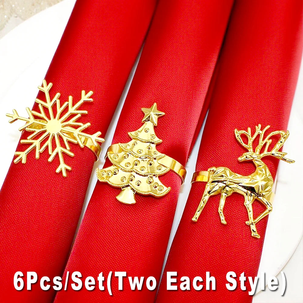 6Pcs Christmas Napkin Rings Gold Metal Snowflake Deer Serviette Buckle Xmas Tree Napkin Holder for Home Christmas Table Decor