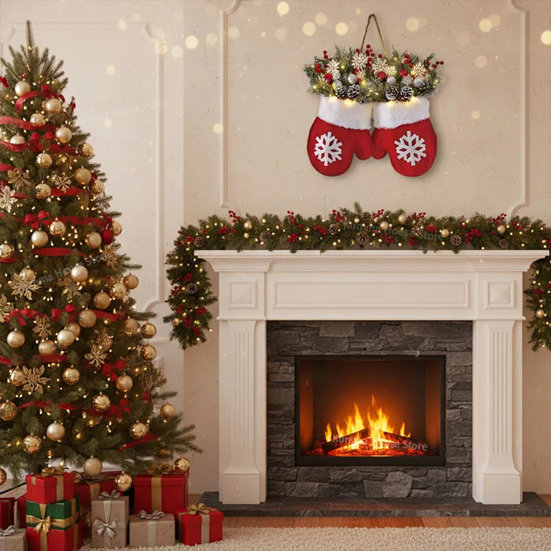 2025 Christmas Garland Creative Glove Shaped Simulated Flower Wreath Window Door Gate Decoration Door Sign Xmas Party Decoration