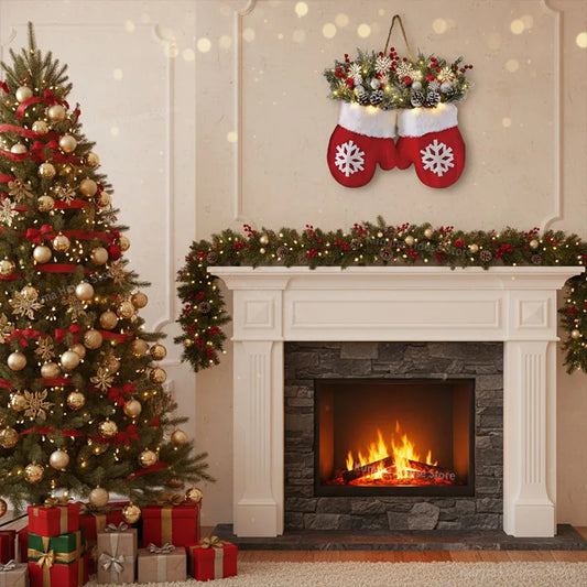 2025 Christmas Garland Creative Glove Shaped Simulated Flower Wreath Window Door Gate Decoration Door Sign Xmas Party Decoration