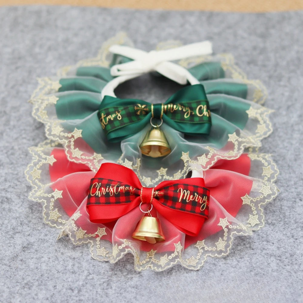 Pet Bib Drool Towel Lace Bib Dog Cat Lace Neck Collar Christmas and New Year Drool Towel Puppy Accessories for Small Dogs
