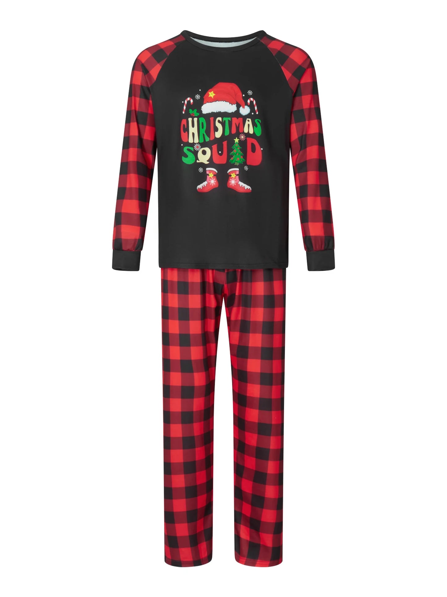Christmas Family Pajamas – Long Sleeve Letter & Boots Top with Buffalo Plaid Pants