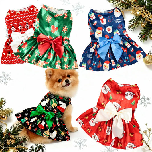 Christmas Pet Clothes Round Neck Sleeveless Printed Dress Santa Claus Snowflake for Small Medium Large Dogs New Year Present