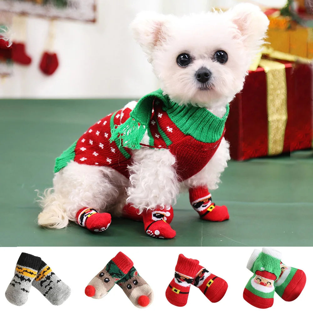 4pcs/set Winter Dog Socks Cute Pattern Foot Covers Warm Anti Slip Shoes Puppy Paw Protector Christmas Gift for Puppy Cat Dogs