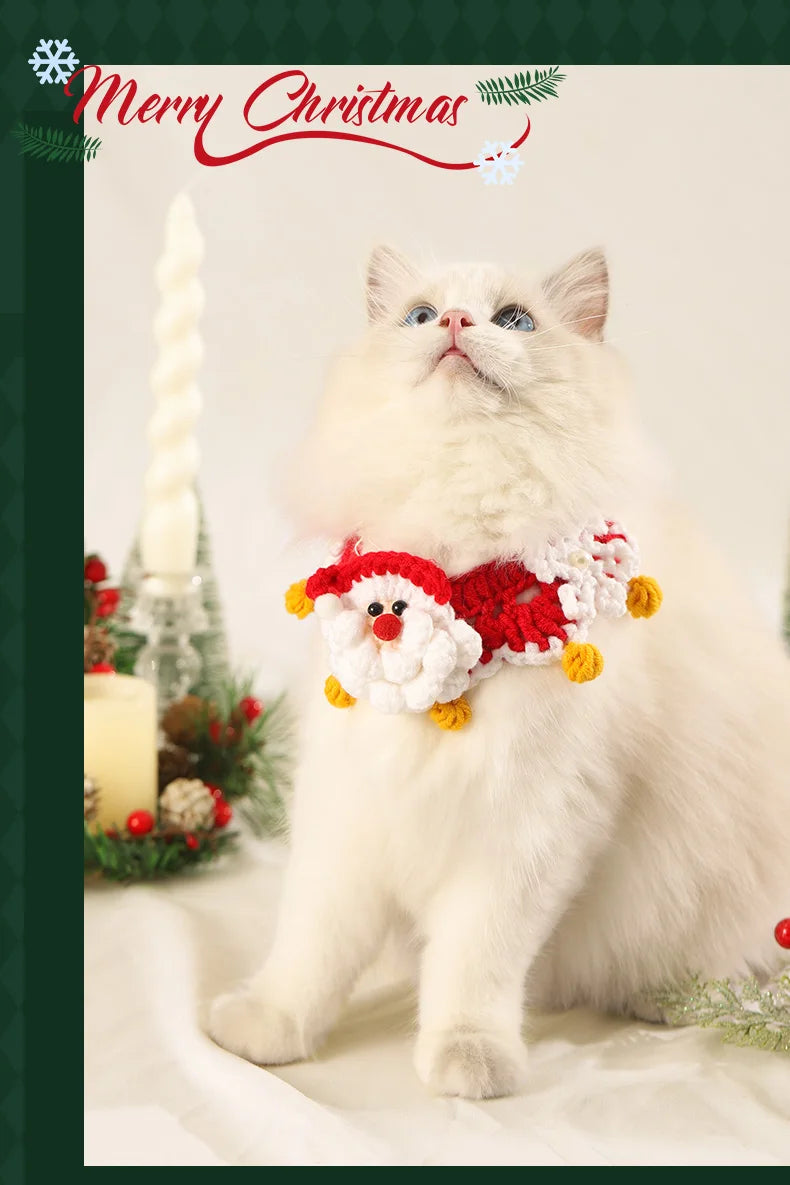 Pet Clothing Costume Christmas Cat Collar Hand-Knitted Pet Scarf Cute Xmas Kitty Santa Costume Clothing Christmas Party Supplies
