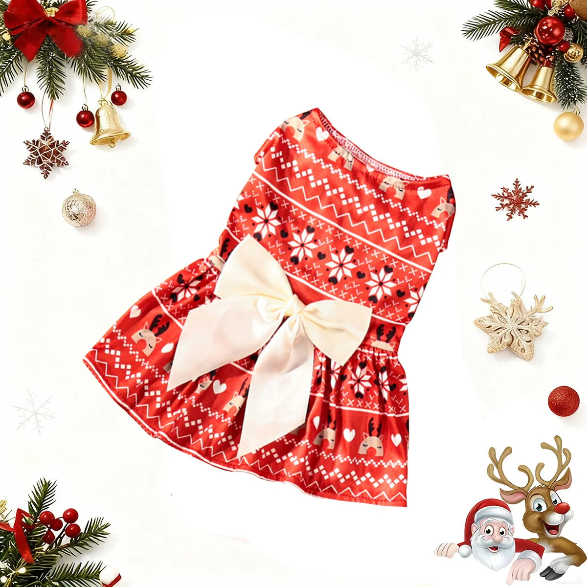 Christmas Pet Clothes Round Neck Sleeveless Printed Dress Santa Claus Snowflake for Small Medium Large Dogs New Year Present