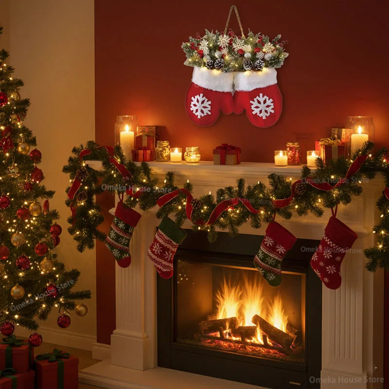 2025 Christmas Garland Creative Glove Shaped Simulated Flower Wreath Window Door Gate Decoration Door Sign Xmas Party Decoration