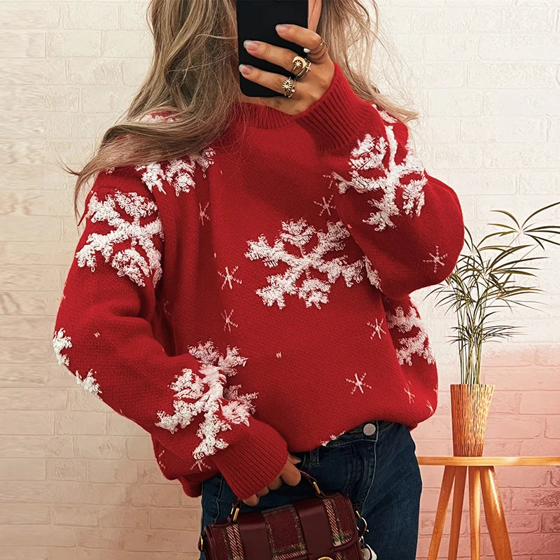 Christmas Sweater For Women Casual O Neck Long Sleeve Snowflake Printed Knitted Printed Sweater Women Pullover