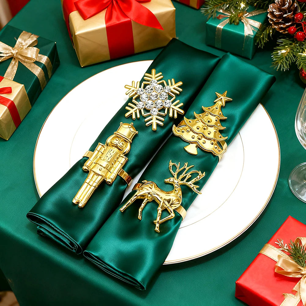 8Pcs Christmas Napkin Rings Set Nutcracker Soldier Elk Xmas Tree Snowflake Napkin Holders for New Year 2025 Party Table Decor