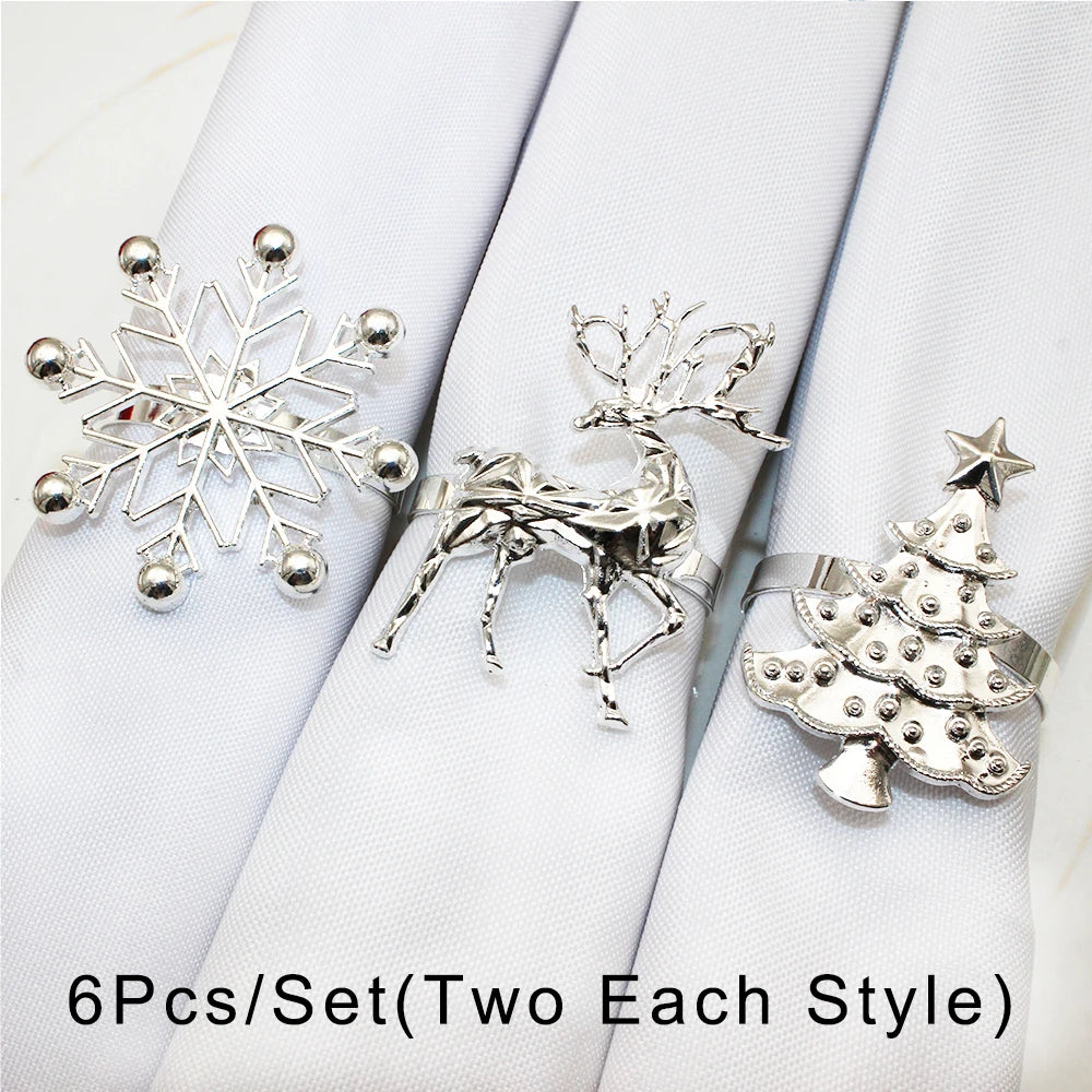 6Pcs Christmas Napkin Rings Gold Metal Snowflake Deer Serviette Buckle Xmas Tree Napkin Holder for Home Christmas Table Decor