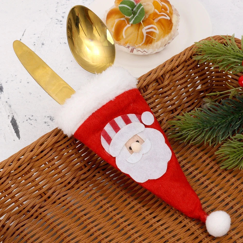 10/1Pcs Christmas Cutlery Holder Set Mini Santa Hat Fork Knife Tableware Holder Bag Christmas Navidad Party Dinner Table Decors
