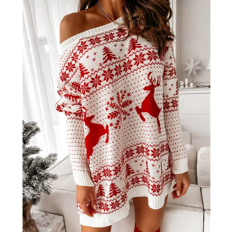 Christmas Fashion Print Knitted Slanted Neck Sweater Long Sleeve Autumn And Winter Versatile Long Pullover Pull En Maille Femme