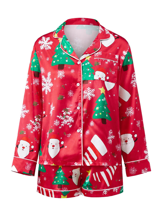 Women 2 Piece Christmas Pajama Set Printed Long Sleeve Button-up Tops and Elastic Waist Shorts