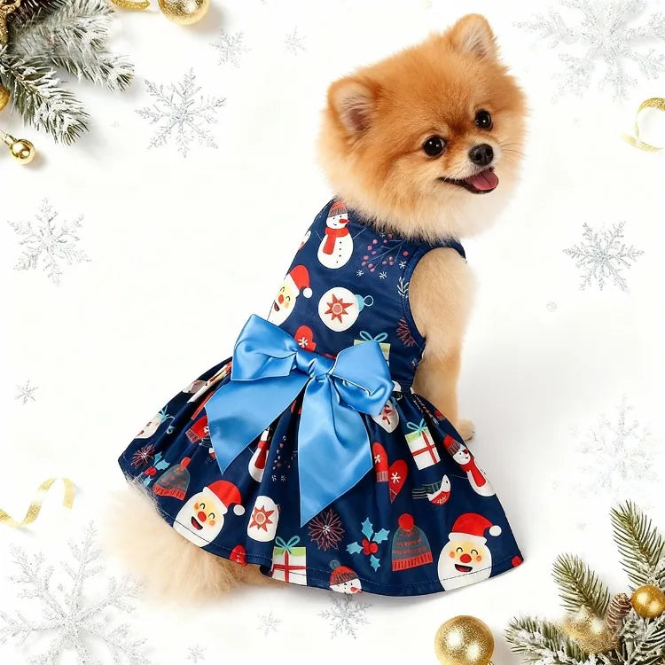 Christmas Pet Clothes Round Neck Sleeveless Printed Dress Santa Claus Snowflake for Small Medium Large Dogs New Year Present