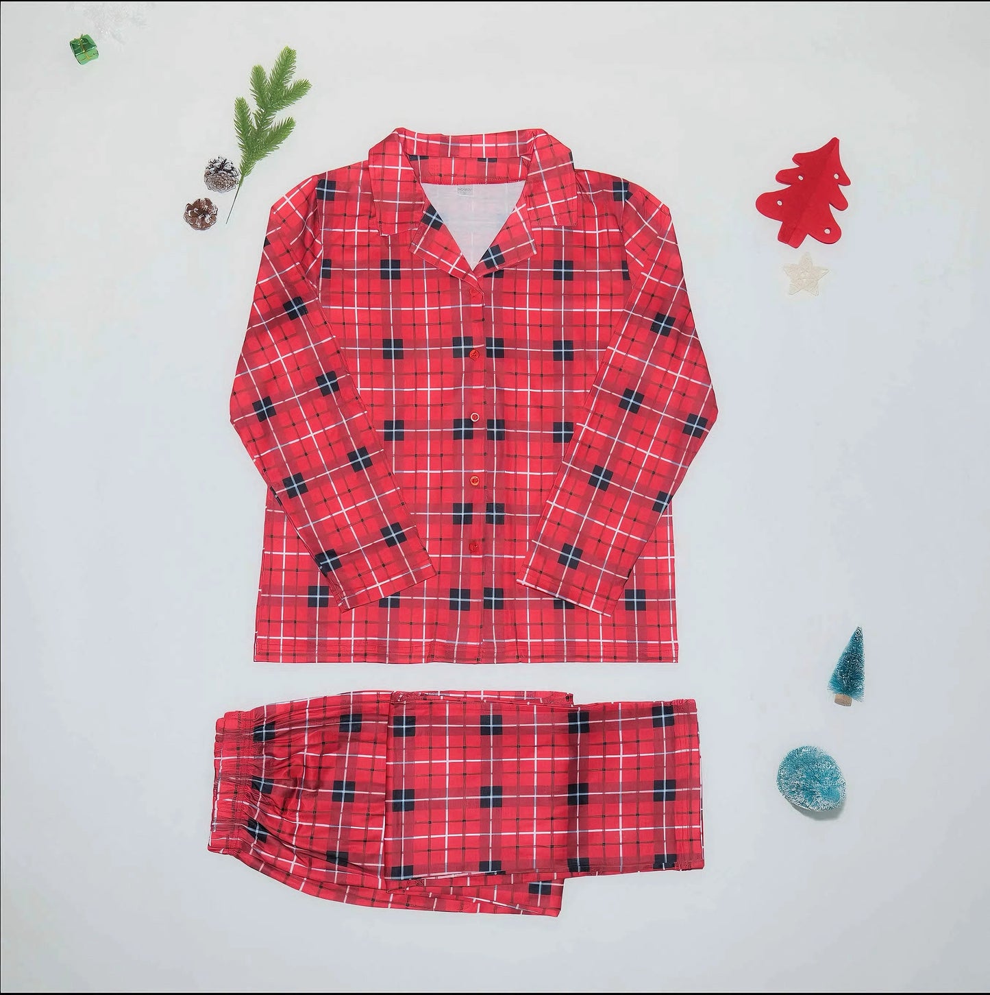 Christmas Pajama Set: Red checkered printed shirt + long pants 2-piece set, baby and dog jumpsuit for Christmas